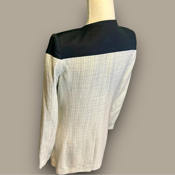 BCBG Paris White & Blue Tweed Oxford Long-Length Snap-Up Pocketed Jacket Size 0 - Picture 6 of 13